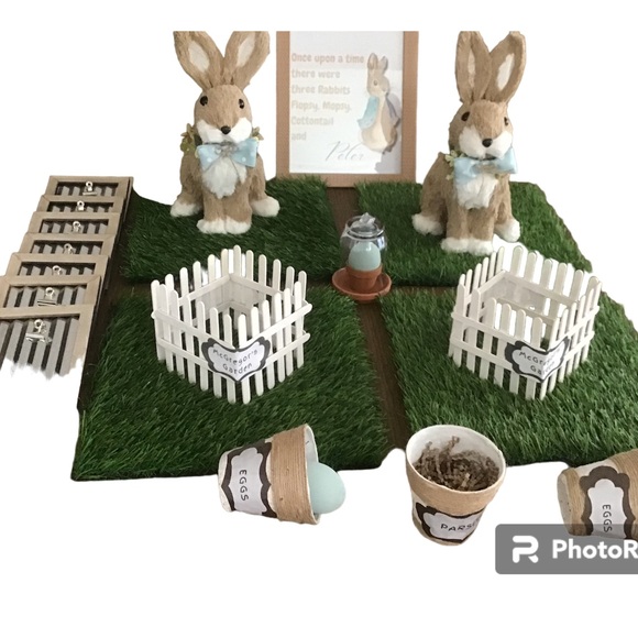 Peter Rabbit,two rabbits, fences with McGregor’s garden sign, grass, blue egg. - Picture 1 of 4